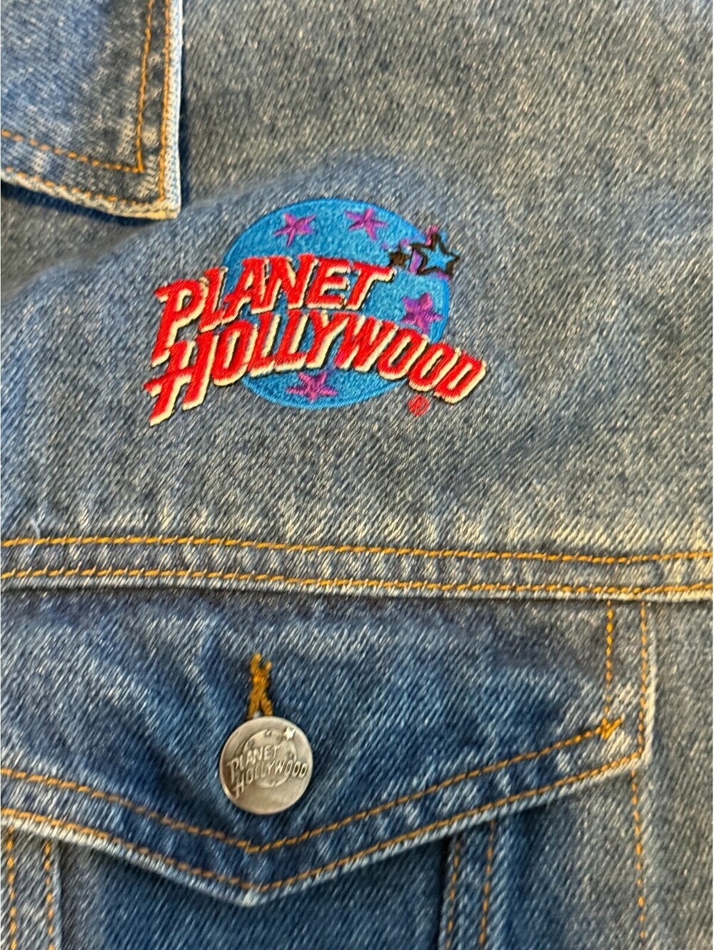 Vintage 90s Planet Hollywood Denim Jacket Womens M Embroidered Logo Buttons - Picture 2 of 3